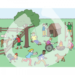 Unterschiedliche Kinder spielen auf einer Wiese. Zum Beispiel: Zwei sitzen vor einem Lagerfeuer, zwei spielen fangen, eins schaukelt. Es gibt einen Hund, einen Hahn und Ziegen hinter einem Zaun.