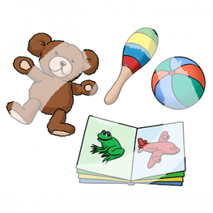 Ein Teddybär, eine Rassel, ein Ball und ein Bilderbuch.