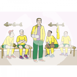 Ein Mann in gelbem Trainingsanzug und Gips Arm steht zwischen vier Männern in gelben Trikots die auf Bänken sitzen.