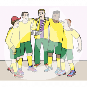 Ein fröhlicher Mann in gelbem Trainingsanzug und Gips Arm und vier fröhliche Männer in gelben Trikots stehen Arm in Arm nebeneinander.