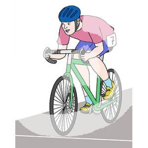 Eine Person mit Sportkleidung, Helm und Startnummer. Sie steht mit einem Fahrrad an einer Linie.