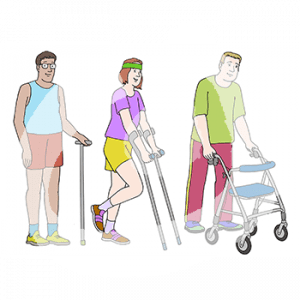 Drei Personen mit Sportkleidung. Eine hat einen Gehstock, eine Krücken und eine einen Rollator.