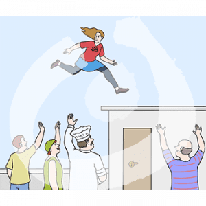 Eine Person springt auf ein Dach. Darunter stehen vier Personen und winken.