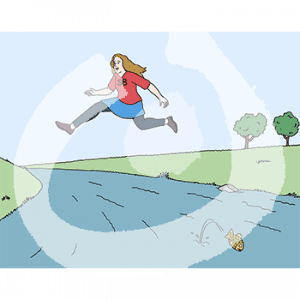 Eine Person springt über einen Fluss.