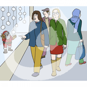 Vier Personen auf einem Bürgersteig. Eine Person zeigt auf eine Weihnachtsmannfigur im Schaufenster.