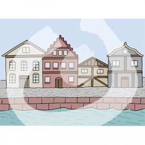 Vier Häuser an einem Hafen. Davor Wasser.