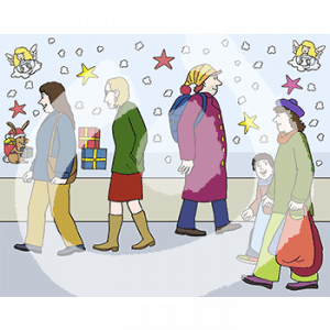 Fünf Personen laufen mit Taschen und Rucksäcken an einem Schaufenster mit Weihnachtsdekoration vorbei.