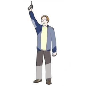 Eine Person hält eine Pistole in die Luft.