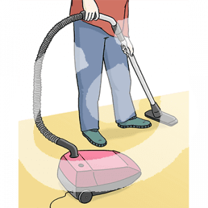 Auf dem Boden steht ein Staubsauger. Zwei Händen halten das Staubsaugerrohr fest.