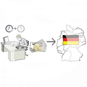 Eine Person sitzt arbeitend an einem Schreibtisch, daneben sind Geldscheine. Ein Pfeil führt zu einem Umriss von Deutschland. In der Mitte ist die deutsche Flagge.