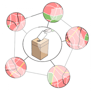 In der Mitte ein großes Bild mit einer Hand. Sie hält einen Zettel über einer Box. Fünf Bilder mit Strichen zur Mitte und zu einander. Auf jedem Bild ist ein Umriss eines Stadtbezirkes mit eingezeichneten Straßen und Grünflächen.