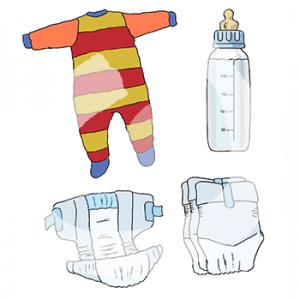 Windeln, ein Strampler und ein Babyfläschchen.