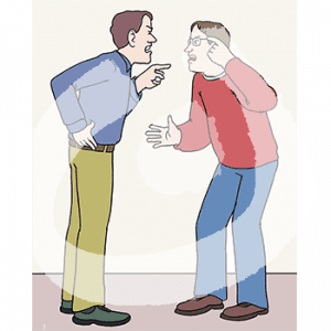 Zwei wütende Männer stehen sich gegenüber. Einer zeigt mit dem Finger auf den anderen. Der andere hält einen Finger an den Kopf.