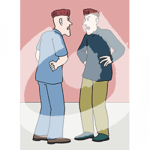 Zwei wütende Männer stehen sich mit Händen an den Hüften gegenüber.