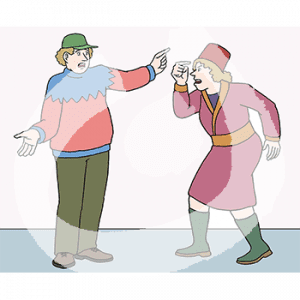 Eine wütende Person hält sich einen Finger an den Kopf. Sie steht vor einer Person mit erhobenen Armen und Schultern.