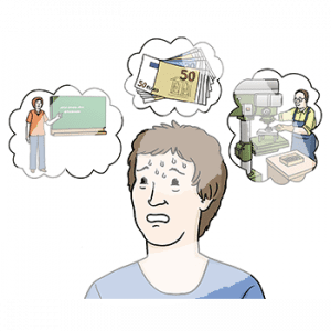 Portraitansicht einer schwitzenden, gestressten Person mit drei Gedankenblasen. In der ersten ist eine Person neben einer Tafel, in der zweiten Geldscheine und in der dritten eine Person vor einer Standbohrmaschine.