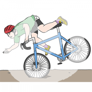Eine Person mit Sportkleidung, Helm und Startnummer fällt vom Fahrrad. Das Vorderrad hängt in einem Schlagloch, das hintere in der Luft.