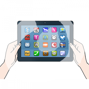 Zwei Hände halten ein Tablet. Auf dem Bildschirm ist der Startbildschirm.