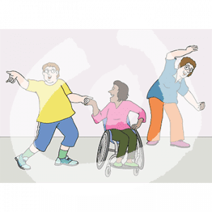 Drei tanzende Personen. Eine sitzt im Rollstuhl.