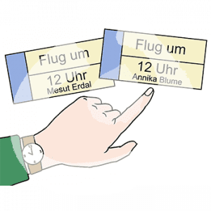 Eine Hand zeigt auf zwei Tickets mit der Aufschrift: Flug um 12 Uhr und zwei unterschiedlichen Namen.