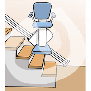 Treppenlift am Fuß einer Treppe.