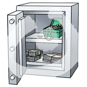 Ein offener Tresor mit Geldbündeln und Schmuck.