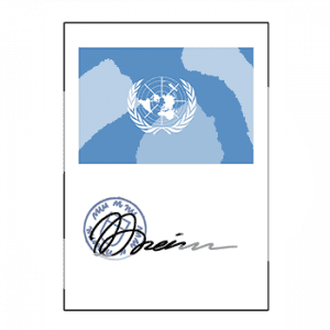 Ein Dokument mit einem Stempel und einer Unterschrift. Darüber ist die Flagge der UN.