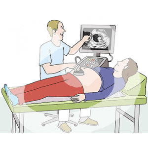Eine Person liegt auf einer Untersuchungsliege. Eine andere Person hält ihr ein Ultraschallgerät an den Bauch und zeigt auf einen Bildschirm.