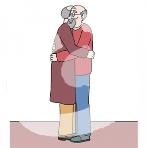 Zwei Männer mit grauen Haaren umarmen sich.