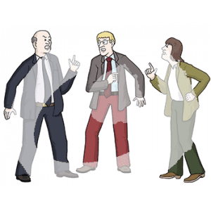 Drei wütende Personen stehen mit erhobenen Zeigefingern im Halbkreis.