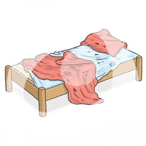 Ein umgemachtes Bett mit dreckigen Bezügen.