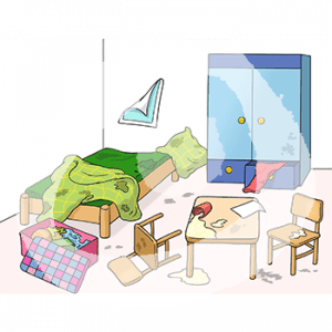 Ein Zimmer, überall liegen Klamotten, Dreck und dreckiges Geschirr.