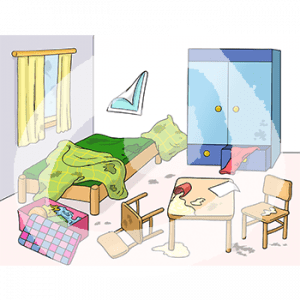 Ein Zimmer, überall liegen Klamotten, Dreck und dreckiges Geschirr.