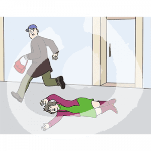 Eine Person läuft mit einer Handtasche in der Hand von einer erschrockenen, am Boden liegenden Frau weg.
