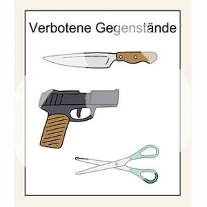 Ein Blatt mit der Überschrift: Verbotene Gegenstände. Darunter ein Messer, eine Waffe und eine Schere.