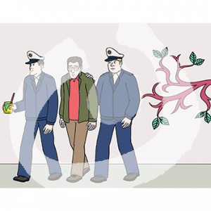 Zwei Personen in Polizeiuniform gehen mit einem Mann und einem Farbtopf in der Hand von einer Wand weg. Auf der Wand ist ein gemaltes Bild.