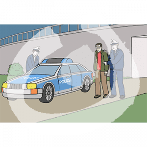 Zwei Personen in Polizeiuniform stehen mit einem Mann an einem Polizeiauto.