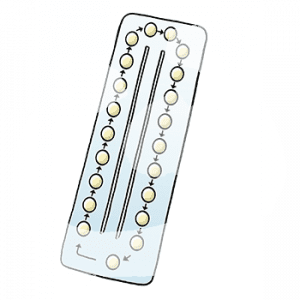 Ein Blisterstreifen mit Tabletten. Von Tablette zu Tablette gibt es einen Pfeil.