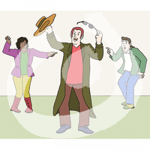 Zwei erstaunte Personen zeigen auf eine Person mit Sonnenbrille und Hut in der Hand.