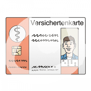 Eine Karte mit einem Portrait, Äskulapstab, Schrift und der Überschrift: Versichertenkarte.