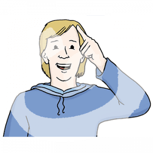 Portraitansicht einer Person, die sich einen Finger an den Kopf hält.