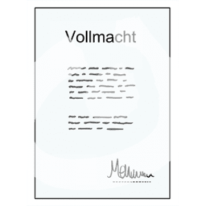 Ein Dokument mit der Überschrift: Vollmacht, einem Text und einer Unterschrift.