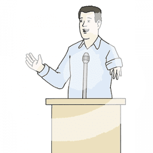 Eine Person mit Mikromelie steht an einem Rednerpult.