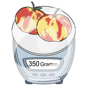 Zwei Äpfel liegen auf einer Küchenwaage. Die Anzeige zeigt 350 Gramm.