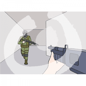 Eine Hand hält ein Gewehr. Davor steht eine Person in Soldatenuniform und Gewehr.