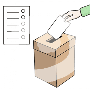 Eine Hand hält einen Zettel über einer Box mit Schlitz. Daneben ist ein Dokument mit Ankreuzmöglichkeiten.