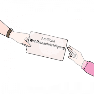 Eine Hand gibt ein Zettel mit der Aufschrift: Amtliche Wahlbenachrichtigung in eine andere Hand.