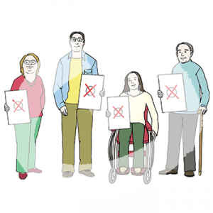 Vier verschiedene Personen nebeneinander. Jede hat ein Zettel mit einem angekreuzten Kreis in der Hand.