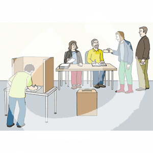 Eine Person steht an einem Tisch mit Sichtschutzwänden. Vor ihr liegt ein Zettel. Im Hintergrund sitzen zwei Personen an einem Tisch. Die erste ein Heft und ein Stift vor sich und guckt den Ausweis einer Person vor dem Tisch an. Die zweite hat einen Stapel Zettel.