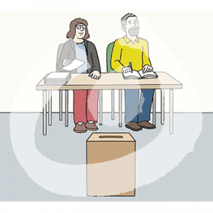 Zwei Personen sitzen an einem Tisch. Die erste ein Heft und ein Stift vor sich. Die zweite hat einen Stapel Zettel. Davor steht eine Box mit einem Schlitz.